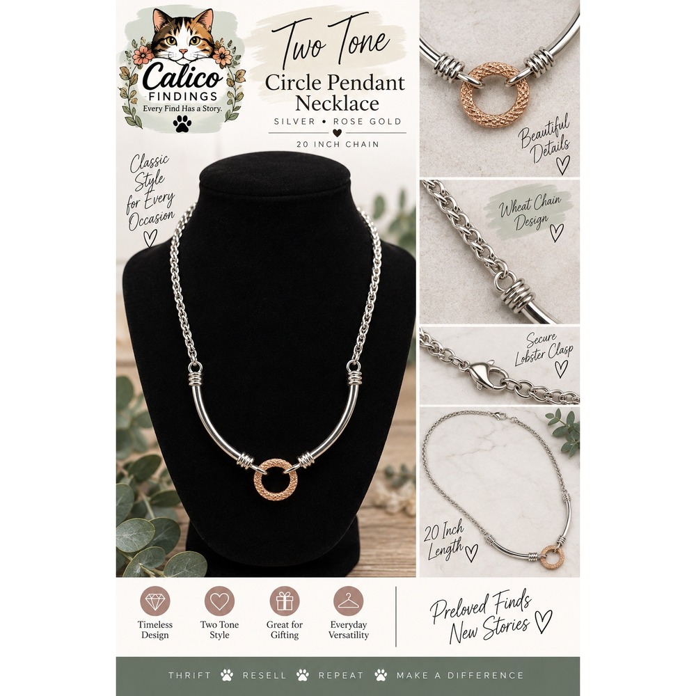 Two Tone Silver and Rose Gold Circle Ring Pendant Wheat Chain Necklace 20 Inch